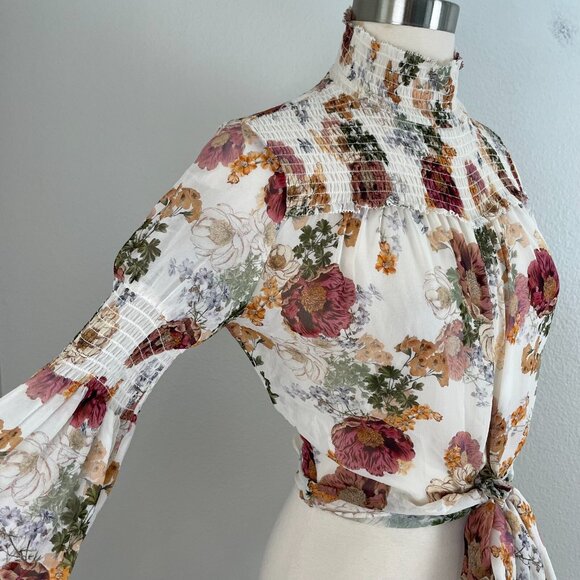 NICHOLAS Womens 2 Sheer Ivory Floral Print Smocked Top Long Sleeve Blouse Shirt - Picture 8 of 16